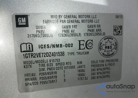 2013 GMC Sierra 1500 Sle z USA, uszkodzony, nr VIN 1GTR2VE72DZ401538